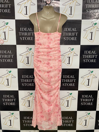 SHEIN |XS| BUST 15| A33| PINK RUCHED MESH ROSE PRINT SLIP MIDI DRESS