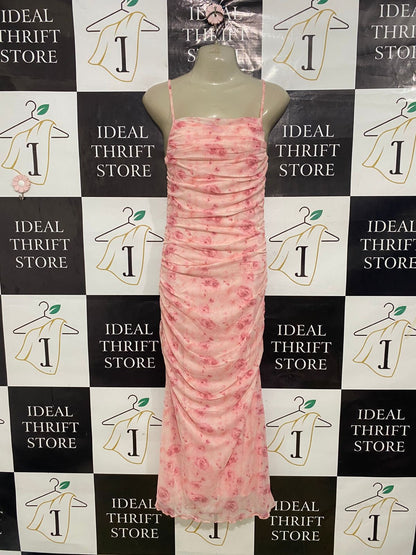 SHEIN |XS| BUST 15| A33| PINK RUCHED MESH ROSE PRINT SLIP MIDI DRESS