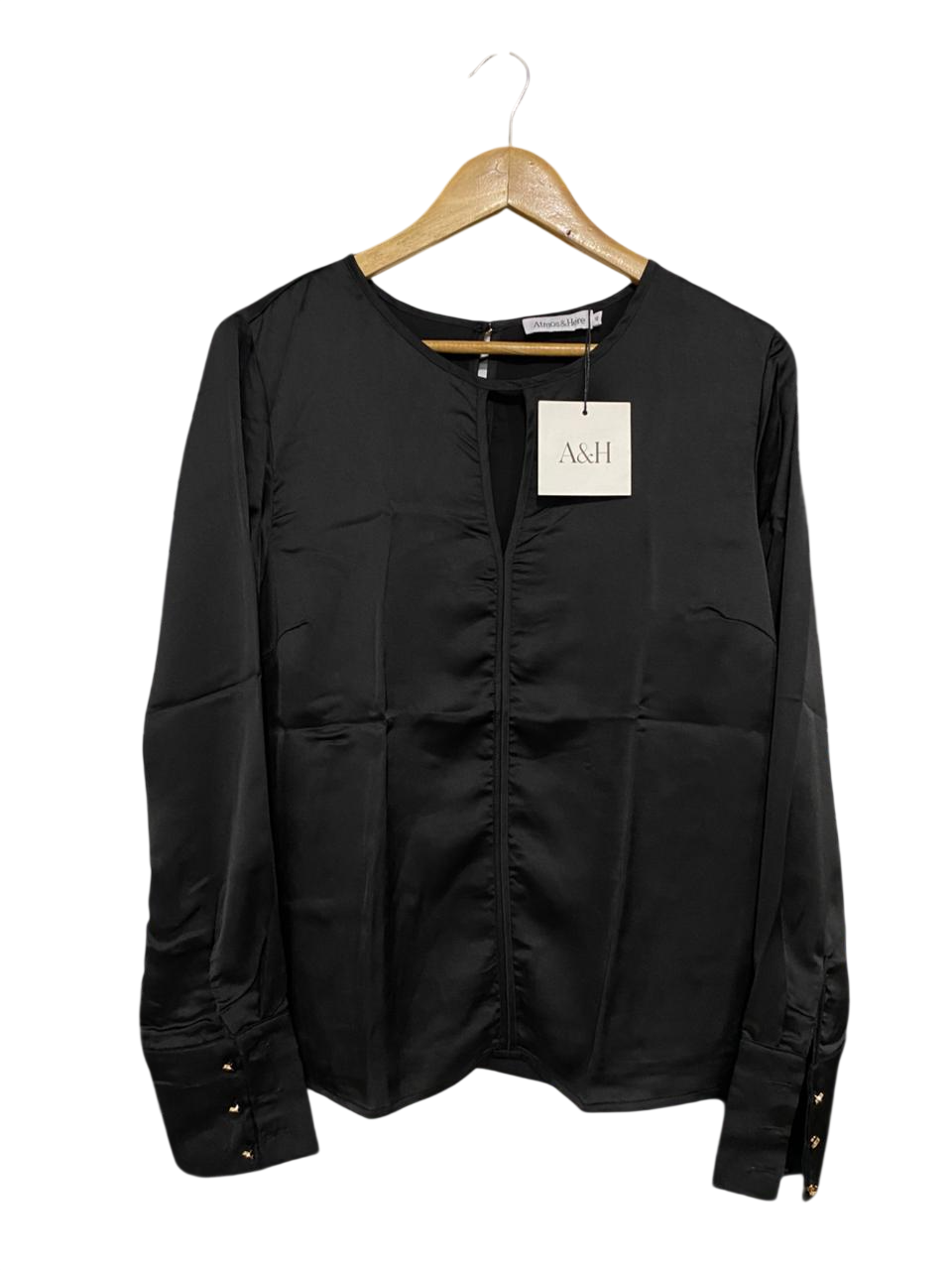 ATMOS & HERE |M| BUST 20| A33| BLACK SATIN KEYHOLE-NECK LONG-SLEEVE BLOUSE