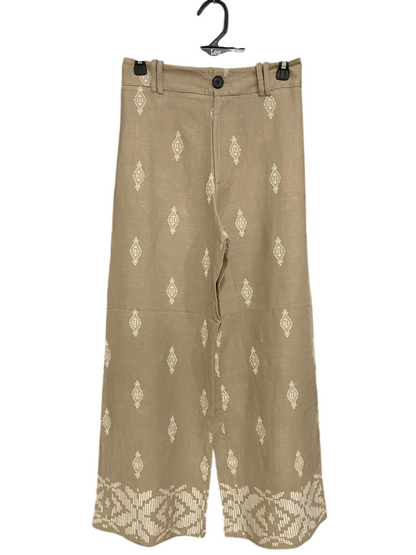 ZARA |XS| WAIST 26| A33| BEIGE & WHITE ETHNIC EMBROIDERED WIDE-LEG TROUSERS