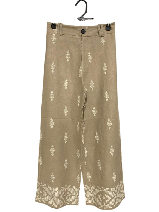 ZARA |XS| WAIST 26| A33| BEIGE & WHITE ETHNIC EMBROIDERED WIDE-LEG TROUSERS