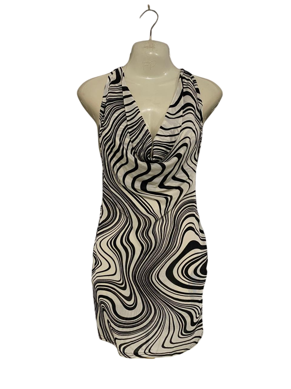 PRETTYLILLTE THING |S| BUST 15| A34| BLACK & WHITE OPTICAL SWIRL PRINT COWL-NECK BODYCON MINI DRESS