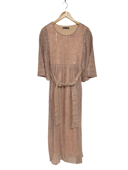 MOOSTA |XS| BUST 15| A34| BLUSH PINK METALLIC STRIPE SEQUIN-ACCENTED BELTED MAXI DRESS