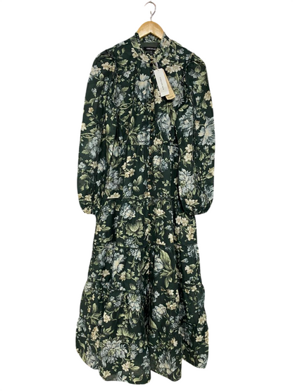 FOREVER NEW |M| BUST 18| A34| DARK GREEN & BLUE FLORAL PRINT TIERED LONG-SLEEVE MAXI DRESS