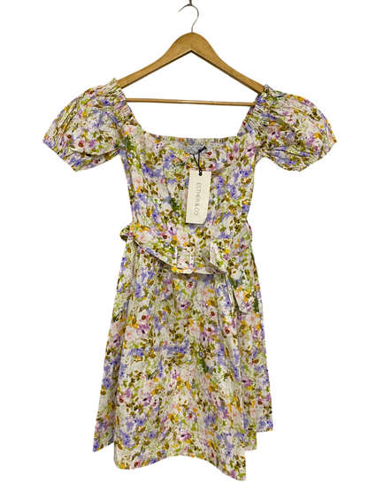 ESTHER & CO |L| BUST 13| A34| WHITE & PURPLE FLORAL PRINT SQUARE-NECK BELTED MINI DRESS
