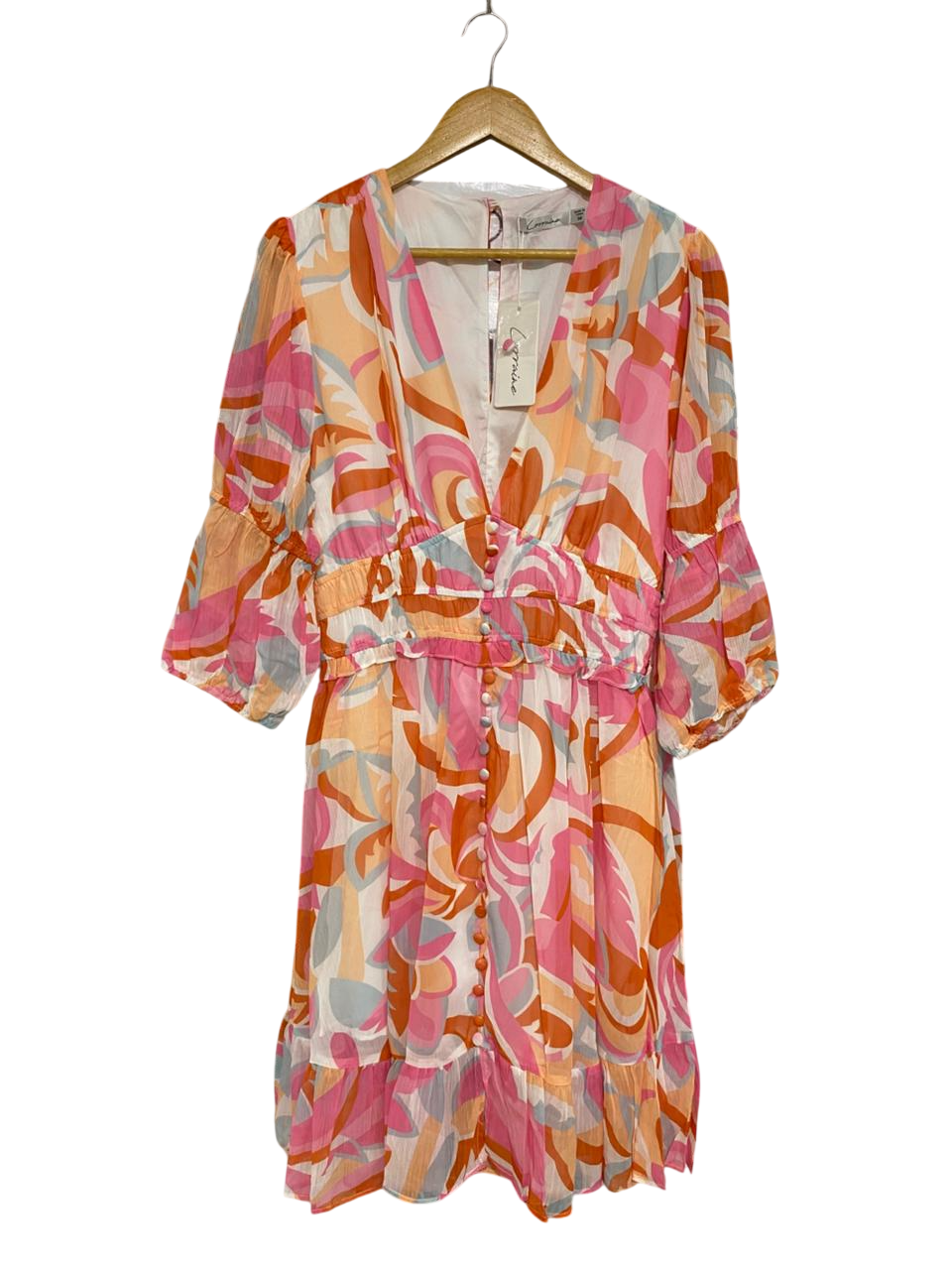 LORRAINE |M| BUST 18| A34| PINK & ORANGE ABSTRACT SWIRL PRINT BUTTON-FRONT MIDI DRESS