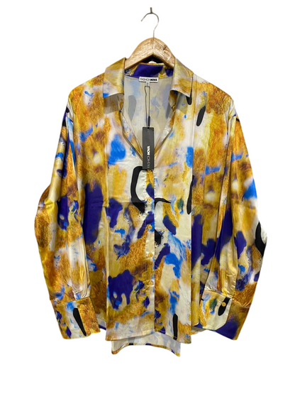 FASHION NOVA |XL| BUST 26| A34| ABSTRACT PRINT SATIN LONG-SLEEVE BUTTON-UP BLOUSE