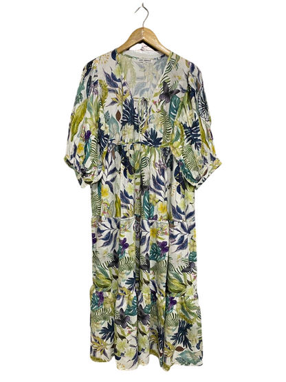 VINE APPAREL |M| BUST 18| A34| WHITE & MULTICOLOR BOTANICAL TIE-NECK TIERED MIDI DRESS