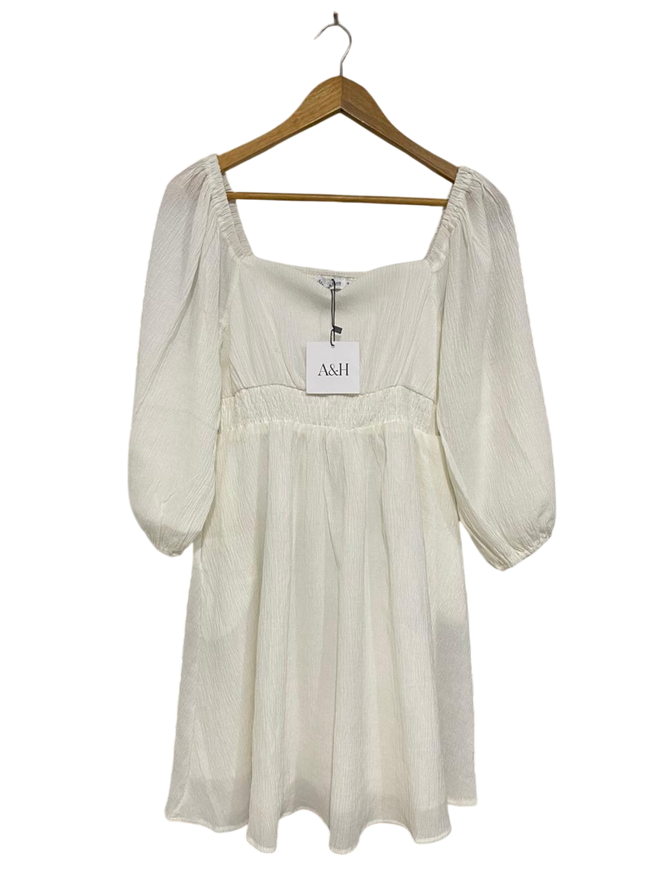 ATMOS & HERE |M| BUST 14| A34| WHITE SQUARE-NECK PUFF-SLEEVE MINI DRESS