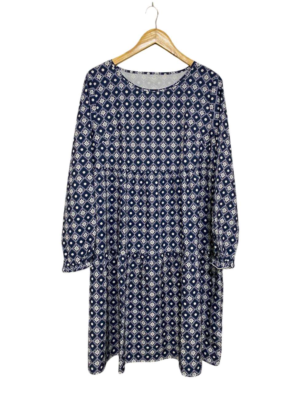 EMERY ROSE |XL| BUST 22| A34| NAVY BLUE & WHITE GEOMETRIC PRINT LONG-SLEEVE TIERED MIDI DRESS