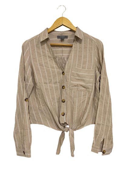 PRIMARK |S| BUST 17| A34| BEIGE & WHITE STRIPED TIE-FRONT LONG-SLEEVE BUTTON-UP SHIRT