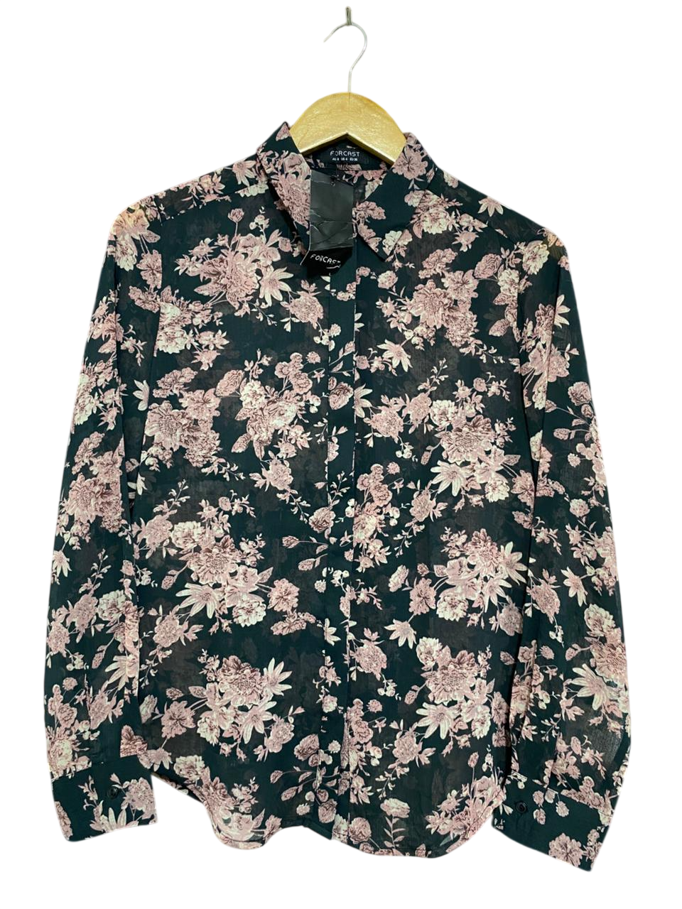 FORCAST |S| BUST 18| A34| DARK GREEN & PINK FLORAL PRINT LONG-SLEEVE BUTTON-UP BLOUSE