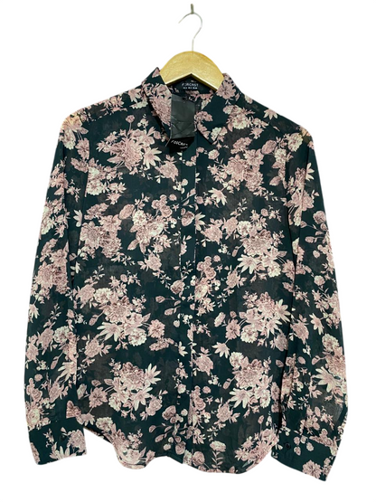 FORCAST |S| BUST 18| A34| DARK GREEN & PINK FLORAL PRINT LONG-SLEEVE BUTTON-UP BLOUSE