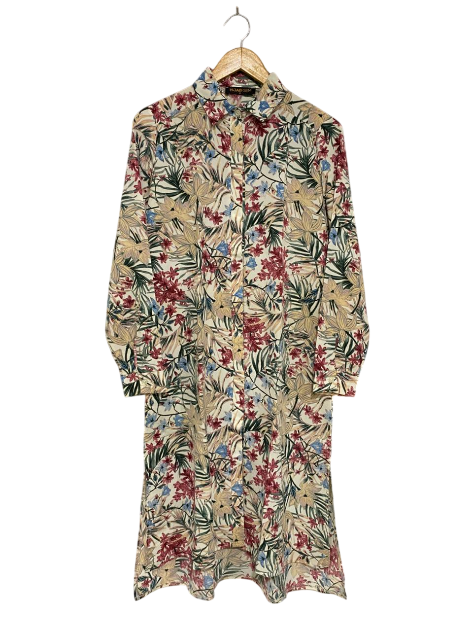 HIJAB GEM |M| BUST 19| A34| BEIGE & MULTICOLOR TROPICAL FLORAL PRINT LONG-SLEEVE BUTTON-UP SHIRT DRESS