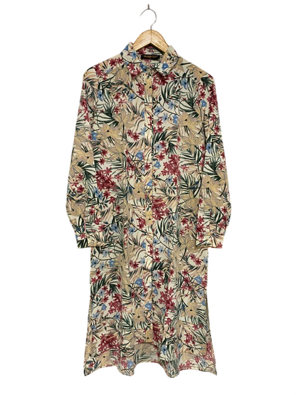HIJAB GEM |M| BUST 19| A34| BEIGE & MULTICOLOR TROPICAL FLORAL PRINT LONG-SLEEVE BUTTON-UP SHIRT DRESS
