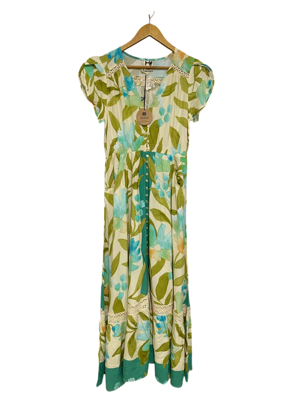 JAASE |M| BUST 17| A34| BEIGE & GREEN FLORAL PRINT BUTTON-FRONT MAXI DRESS