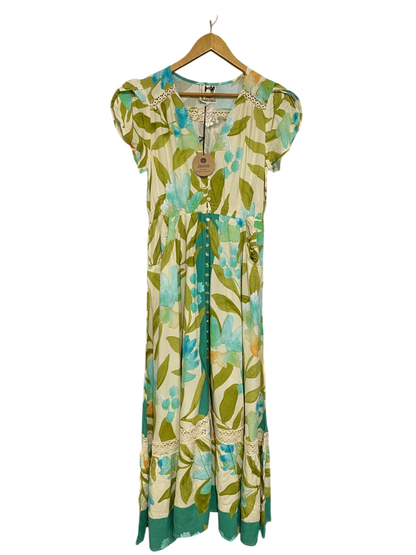 JAASE |M| BUST 17| A34| BEIGE & GREEN FLORAL PRINT BUTTON-FRONT MAXI DRESS