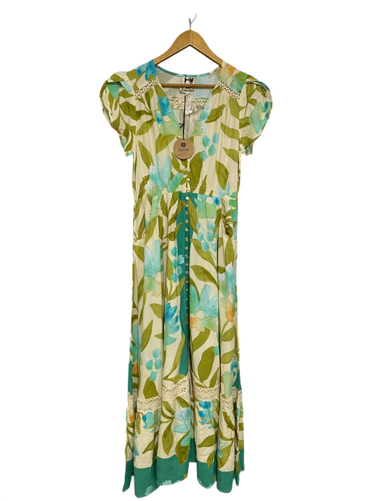 JAASE |M| BUST 17| A34| BEIGE & GREEN FLORAL PRINT BUTTON-FRONT MAXI DRESS