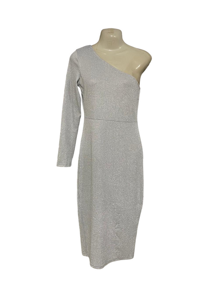 CBR |XL| BUST 15| A34| SILVER SHIMMER ONE-SHOULDER LONG-SLEEVE MIDI PARTY DRESS