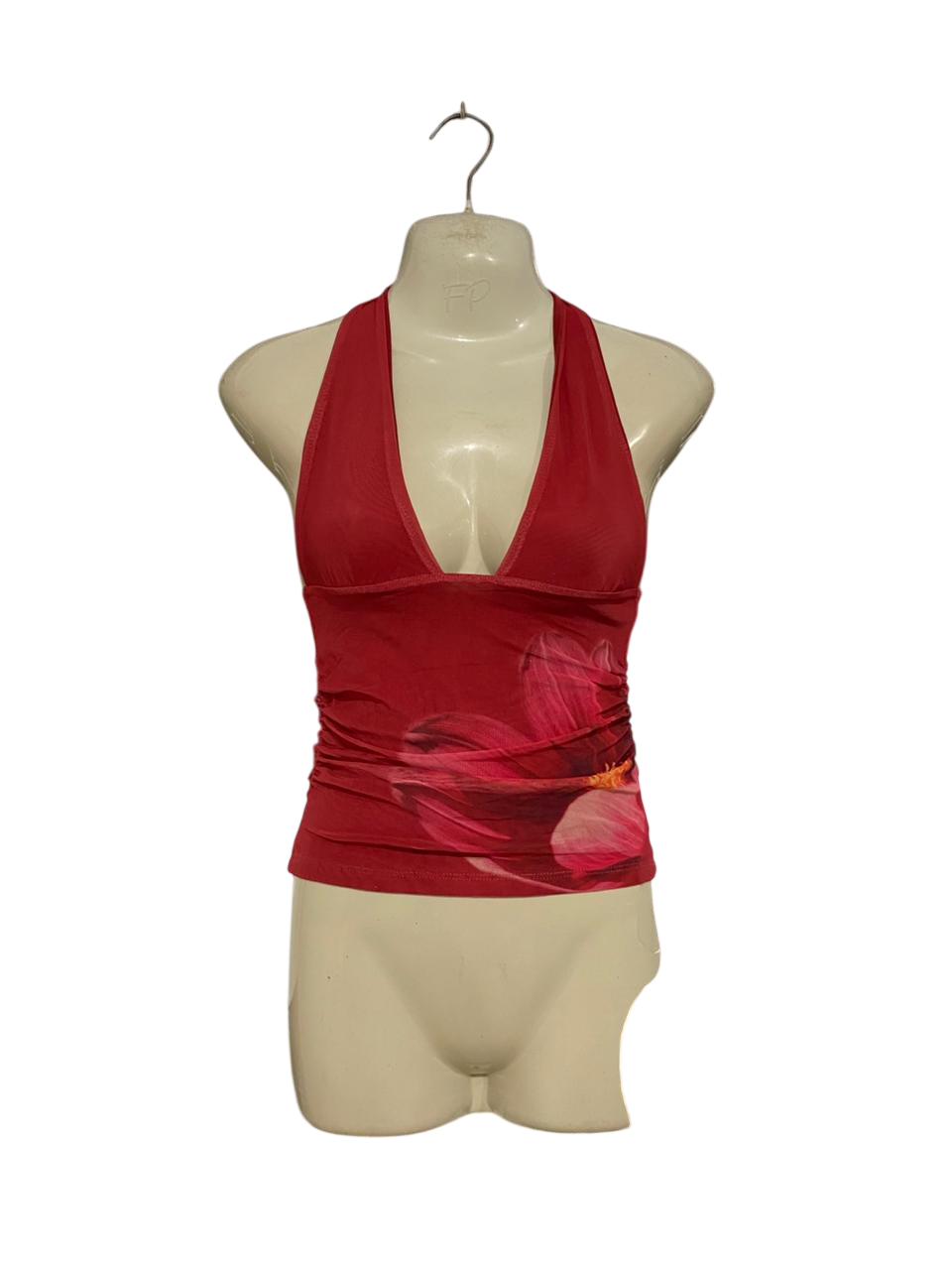 GLASSONS |XS| BUST 10| A34| RED FLORAL PRINT HALTER NECKLINE SLEEVELESS TANK TOP
