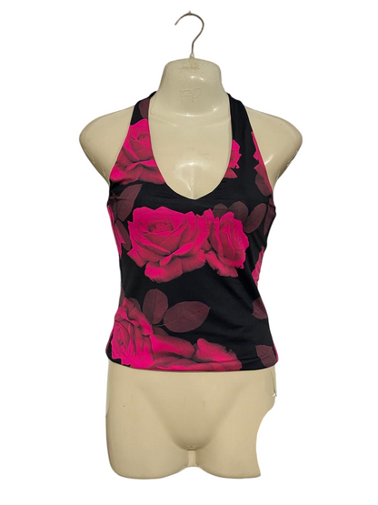 SUPRE |XS| BUST 13| A34| BLACK & MAGENTA VIBRANT ROSE PRINT HALTER TANK TOP