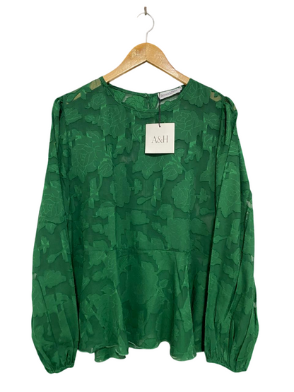 ATMOS & HERE |L| BUST 22| A34| EMERALD GREEN SHEER FLORAL JACQUARD LONG-SLEEVE BLOUSE