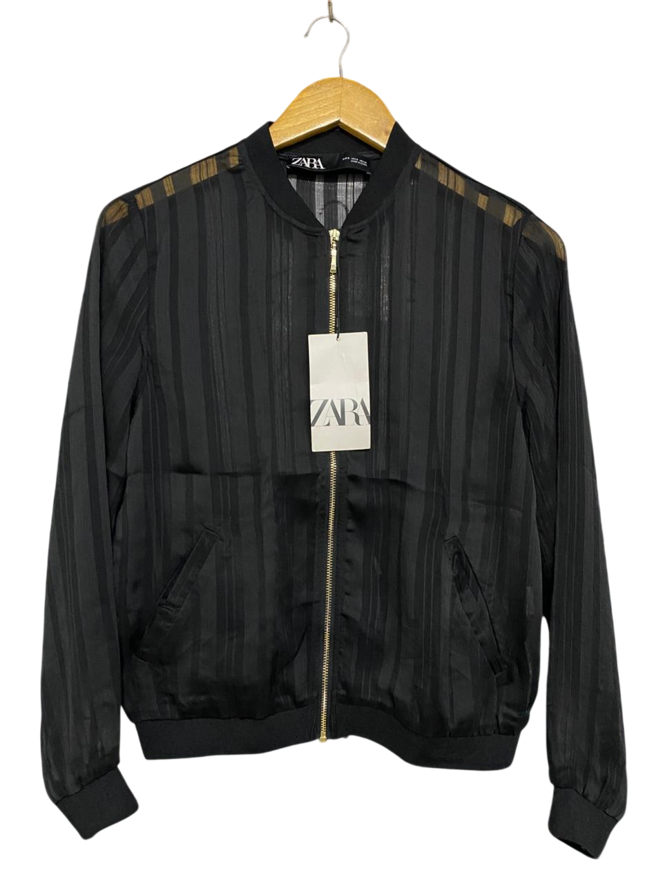 ZARA |S| BUST 20| A34| BLACK SHEER STRIPED ZIP-UP BOMBER JACKET
