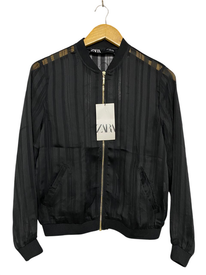 ZARA |S| BUST 20| A34| BLACK SHEER STRIPED ZIP-UP BOMBER JACKET