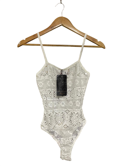 MISSI LONDON |XS| BUST 12| A34| WHITE LACE CROCHET SPAGHETTI-STRAP BODYSUIT