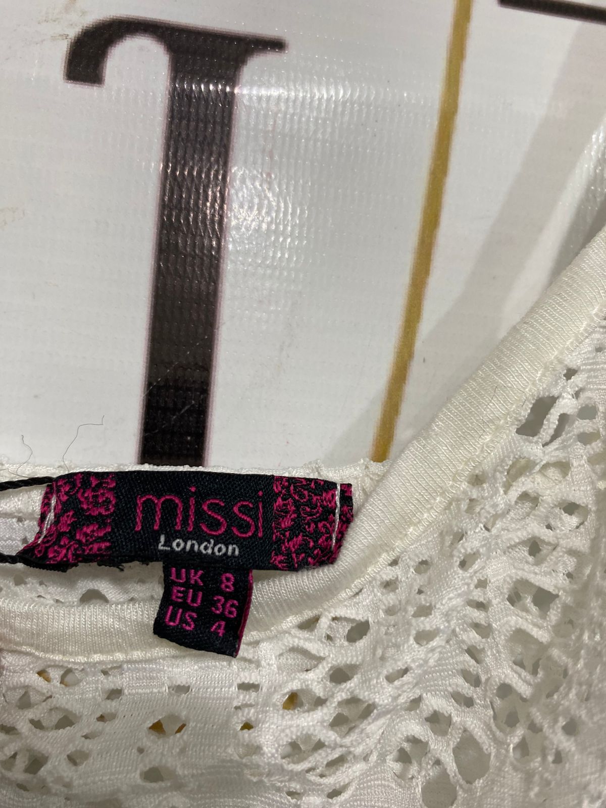 MISSI LONDON |XS| BUST 12| A34| WHITE LACE CROCHET SPAGHETTI-STRAP BODYSUIT