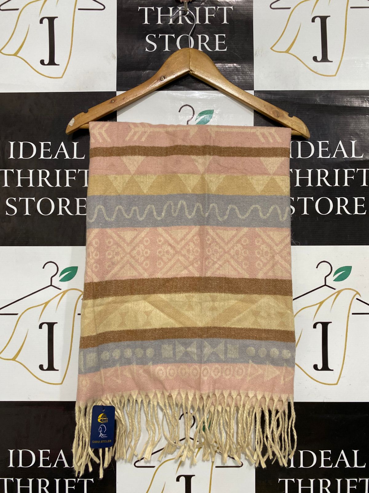 ABS MULTICOLOR GEOMETRIC AZTEC PRINT FRINGED WINTER SCARF