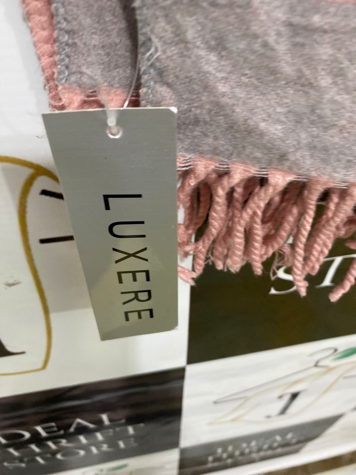 LUXERE DUSTY PINK & GREY TREE-PRINT FRINGED WINTER SCARF