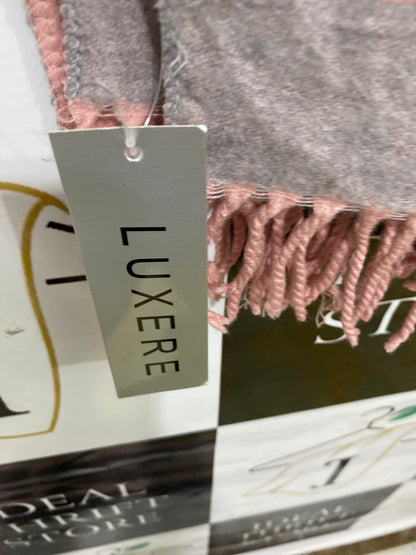 LUXERE DUSTY PINK & GREY TREE-PRINT FRINGED WINTER SCARF