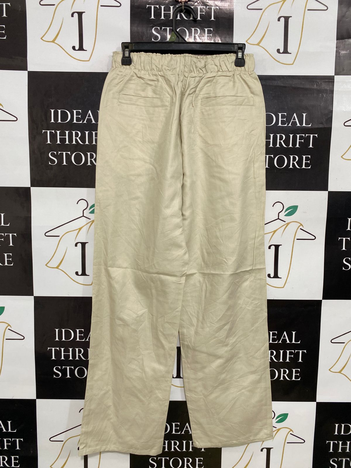 BERSHKA |S| WAIST 26| A34| BEIGE DRAWSTRING ELASTIC-WAIST WIDE-LEG TROUSERS