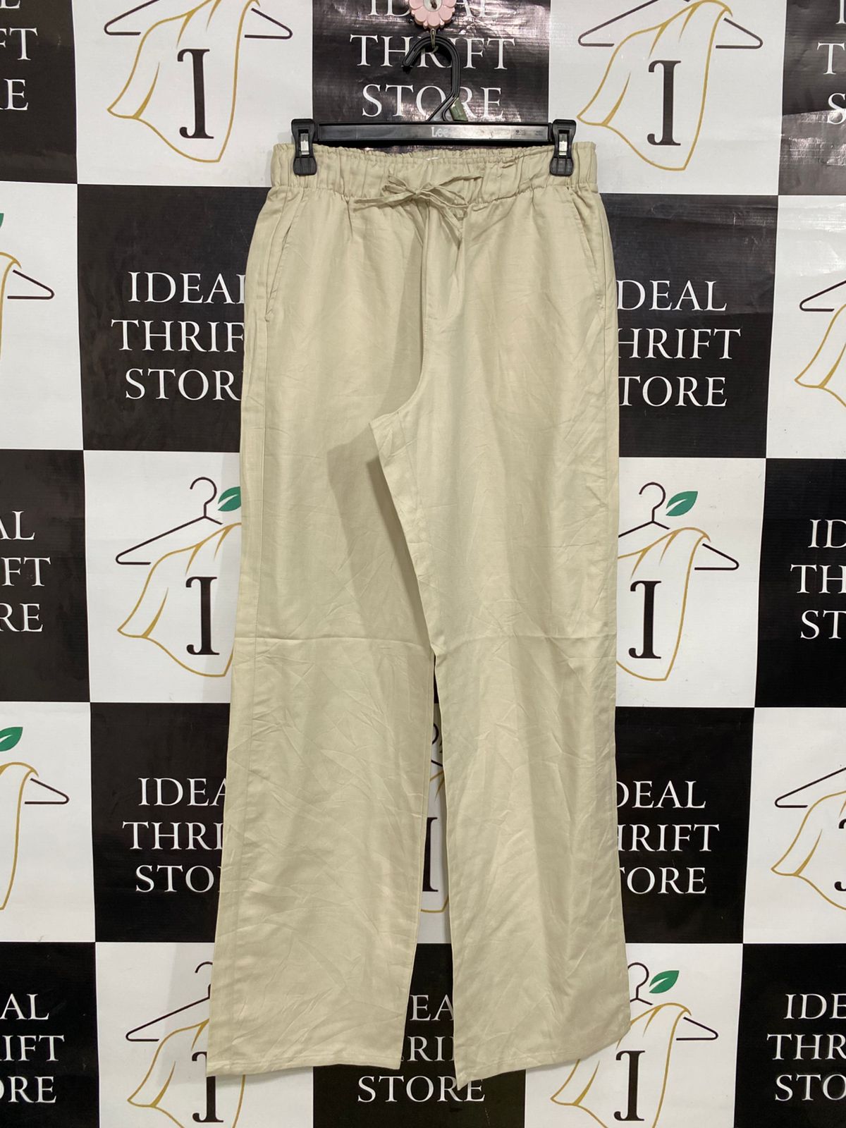 BERSHKA |S| WAIST 26| A34| BEIGE DRAWSTRING ELASTIC-WAIST WIDE-LEG TROUSERS