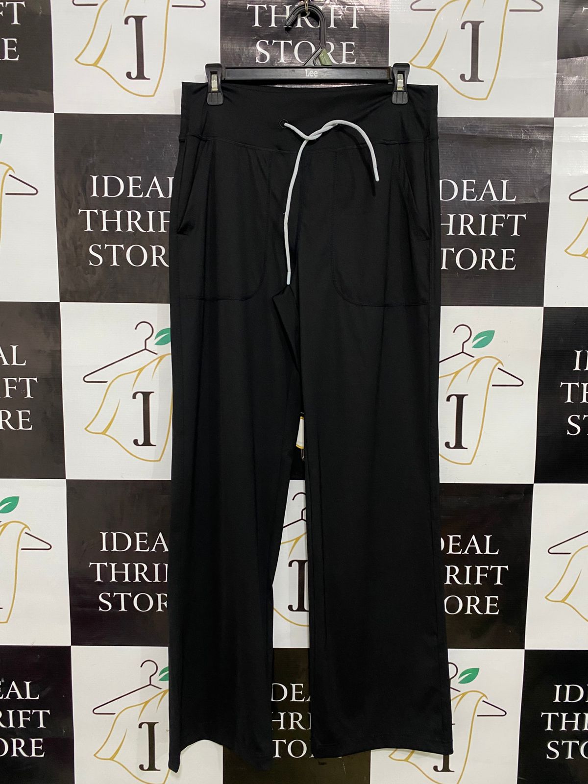 |L| WAIST 30| A34| BLACK DRAWSTRING ELASTIC-WAIST POCKETED WIDE-LEG LOUNGE TROUSERS