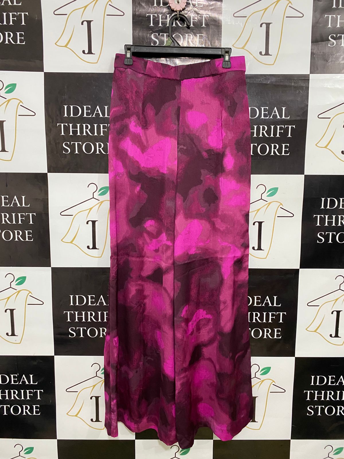 H&M |M| WAIST 28| A34| MAGENTA & BURGUNDY ABSTRACT PRINT SATIN WIDE-LEG TROUSERS