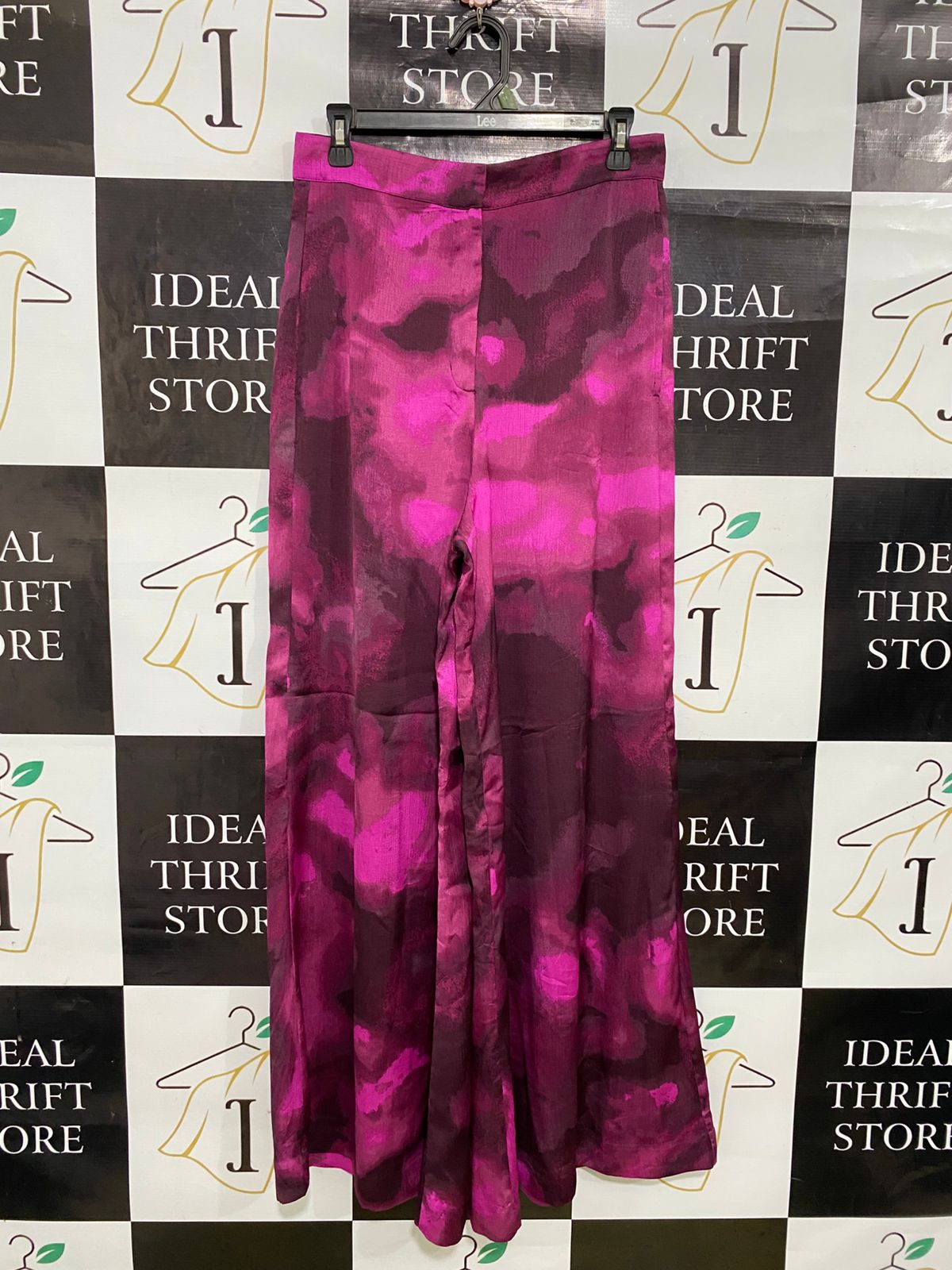 H&M |M| WAIST 28| A34| MAGENTA & BURGUNDY ABSTRACT PRINT SATIN WIDE-LEG TROUSERS
