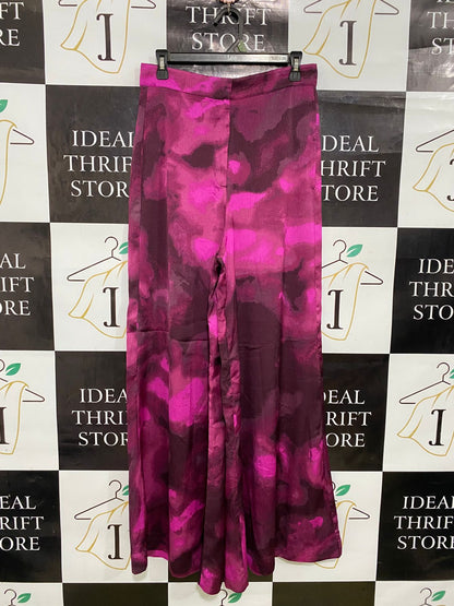 H&M |M| WAIST 28| A34| MAGENTA & BURGUNDY ABSTRACT PRINT SATIN WIDE-LEG TROUSERS