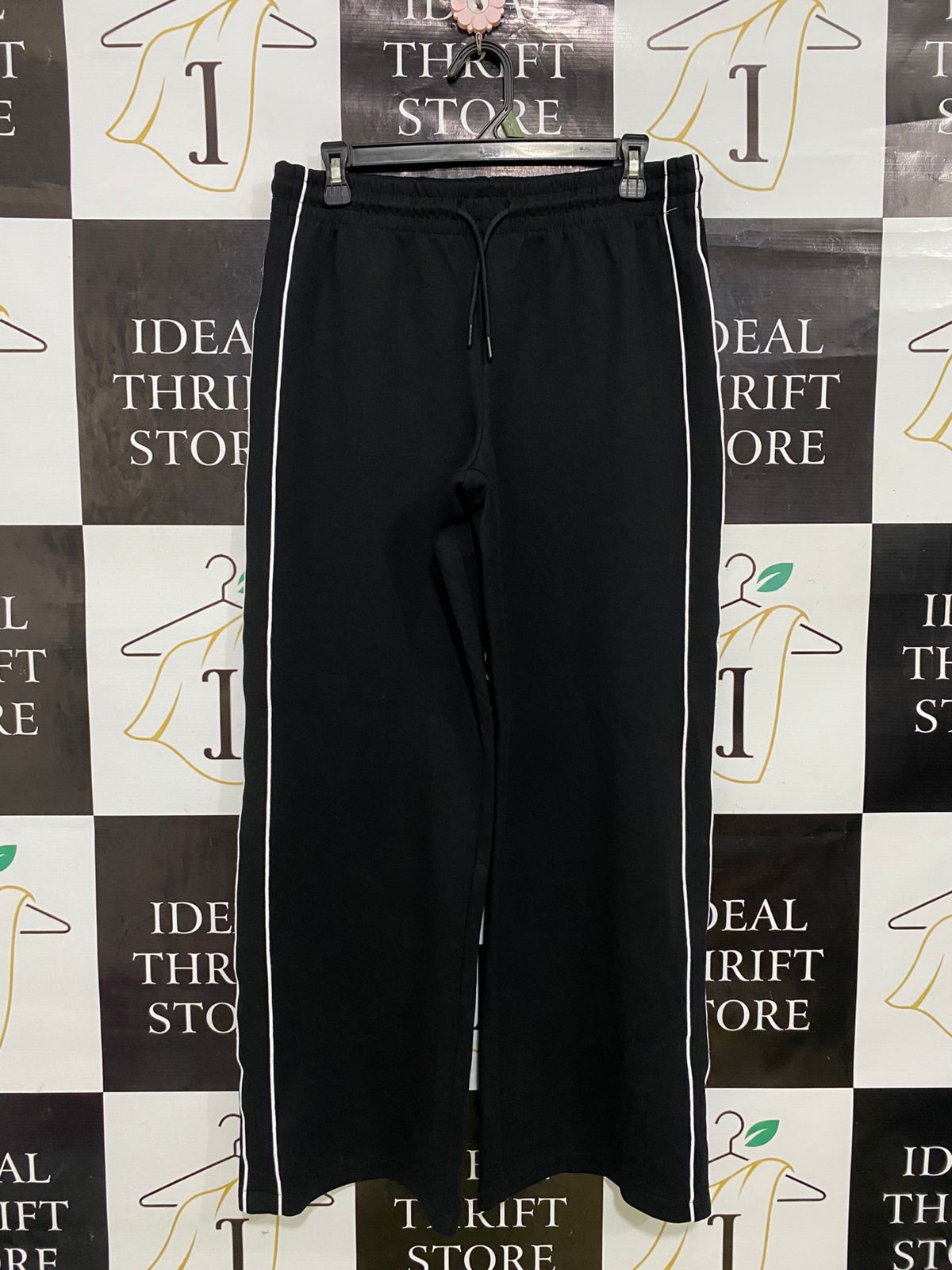 ANKO |L| WAIST 30| A34| BLACK & WHITE SIDE-STRIPE ELASTIC-WAIST WIDE-LEG TRACK TROUSERS