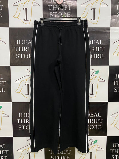ANKO |L| WAIST 30| A34| BLACK & WHITE SIDE-STRIPE ELASTIC-WAIST WIDE-LEG TRACK TROUSERS