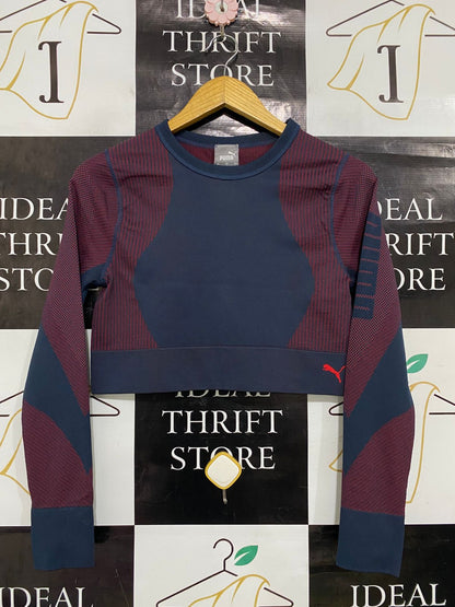 PUMA |L| BUST 15| A34| NAVY & MAROON SEAMLESS LONG-SLEEVE ATHLETIC CROP TOP