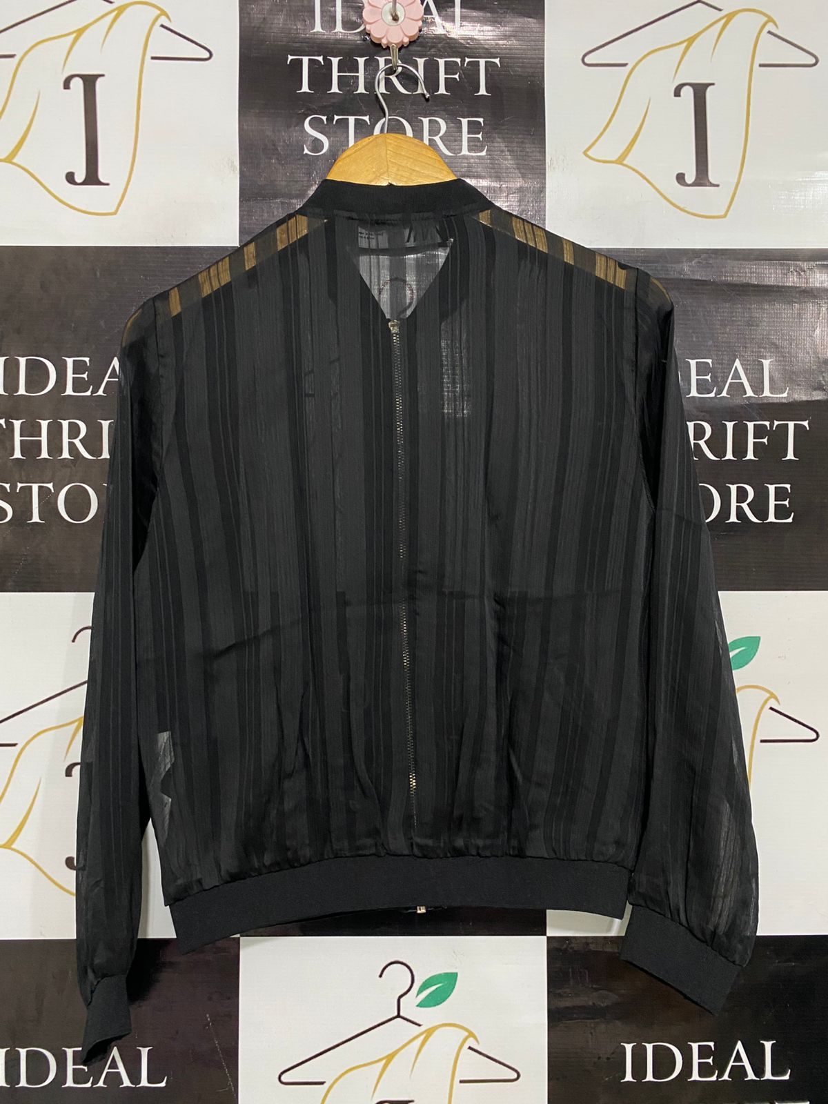 ZARA |S| BUST 20| A34| BLACK SHEER STRIPED ZIP-UP BOMBER JACKET