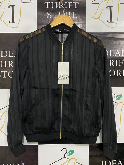 ZARA |S| BUST 20| A34| BLACK SHEER STRIPED ZIP-UP BOMBER JACKET