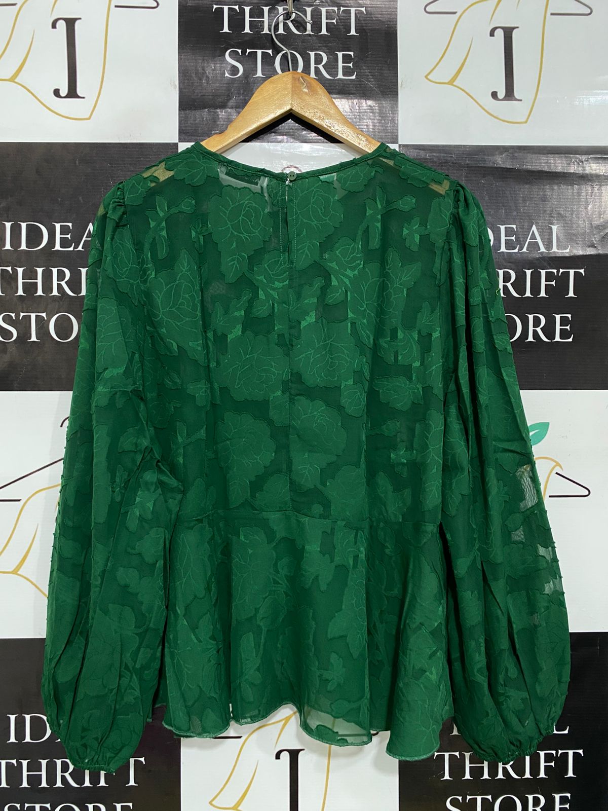 ATMOS & HERE |L| BUST 22| A34| EMERALD GREEN SHEER FLORAL JACQUARD LONG-SLEEVE BLOUSE