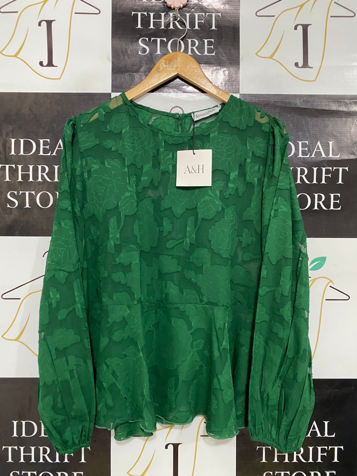 ATMOS & HERE |L| BUST 22| A34| EMERALD GREEN SHEER FLORAL JACQUARD LONG-SLEEVE BLOUSE