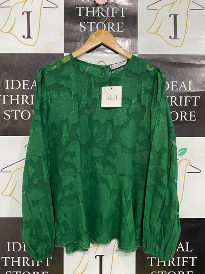 ATMOS & HERE |L| BUST 22| A34| EMERALD GREEN SHEER FLORAL JACQUARD LONG-SLEEVE BLOUSE