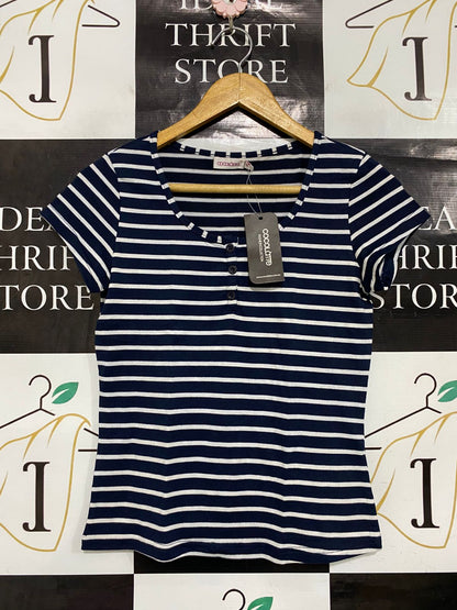 COCOLATTE |S| BUST 15| A34| NAVY & WHITE STRIPED BUTTON-PLACKET SCOOP-NECK T-SHIRT