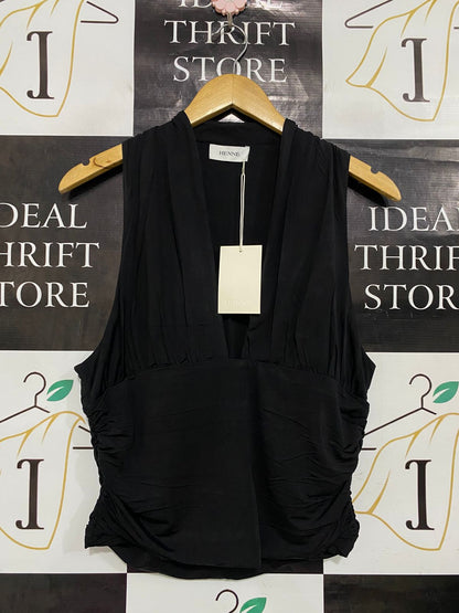 HENNE |XL| BUST 16| A34| BLACK PLUNGING V-NECK SLEEVELESS RUCHED TOP
