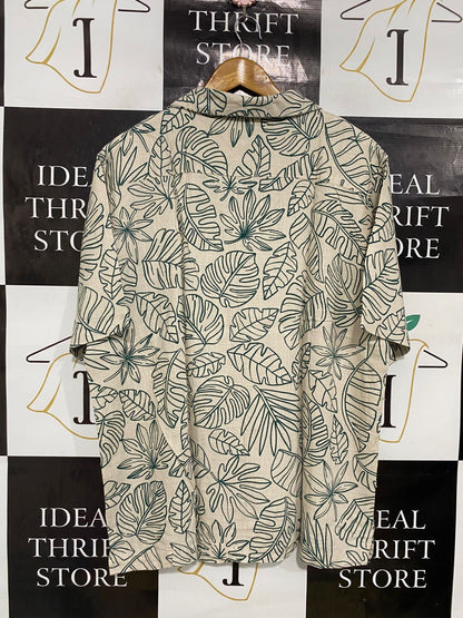 JAY JAYS |L| BUST 23| A34| BEIGE & GREEN TROPICAL LEAF PRINT SHORT-SLEEVE BUTTON-UP SHIRT